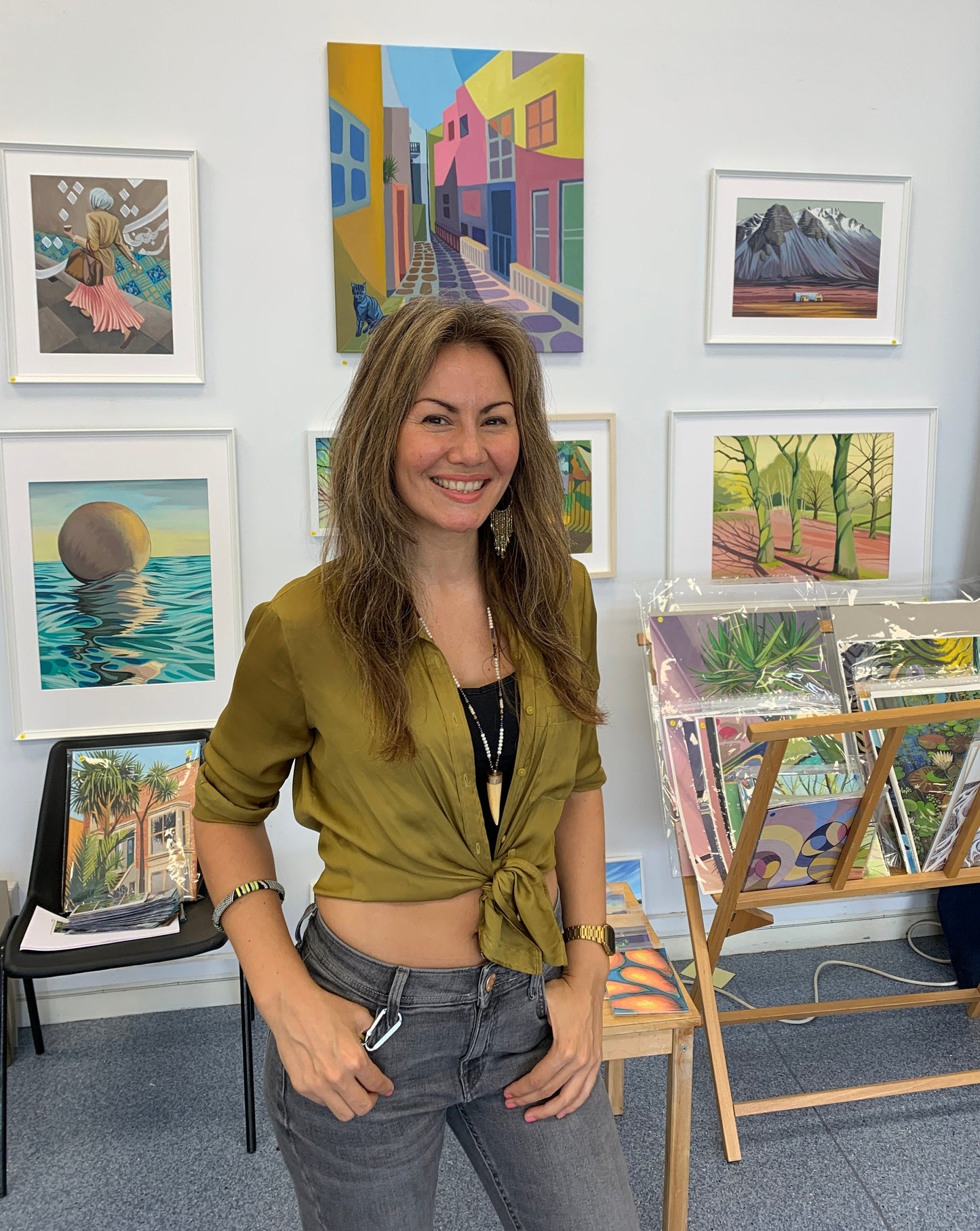 28 x 23 inch - MYKONOS GREECE Colourful Street and cat - Original Oil Painting