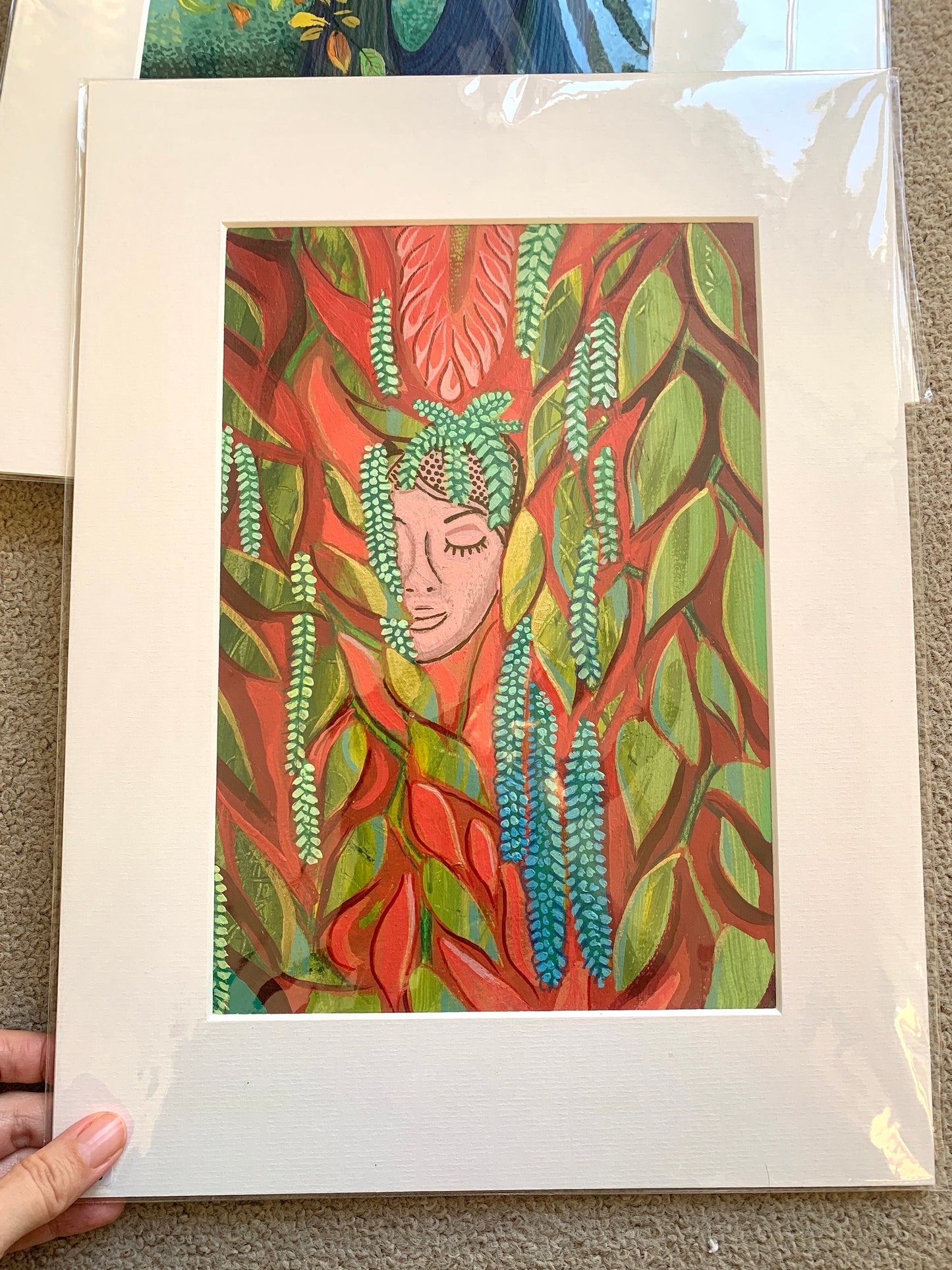 A4 size - MEXICAN BOTANICAL Garden Wallflower - face within leaves - Original acrylic painting