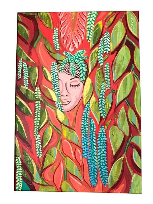A4 size - MEXICAN BOTANICAL Garden Wallflower - face within leaves - Original acrylic painting