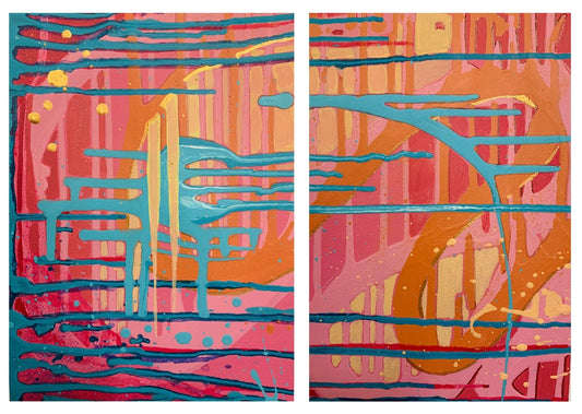 A4 size - Original Acrylic painting - Abstract Colourful Drips Diptych