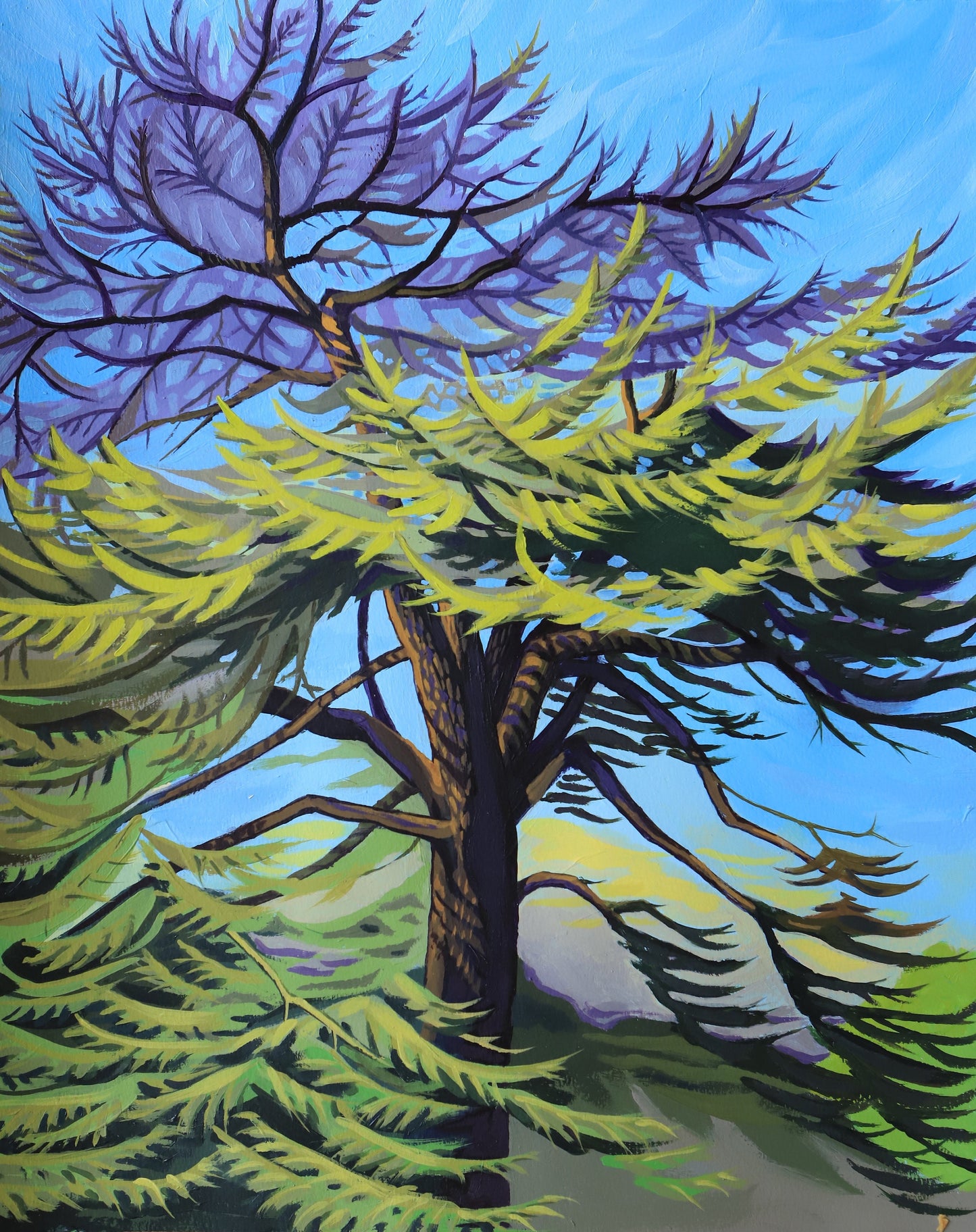 cedar tree painting in blue green and purple