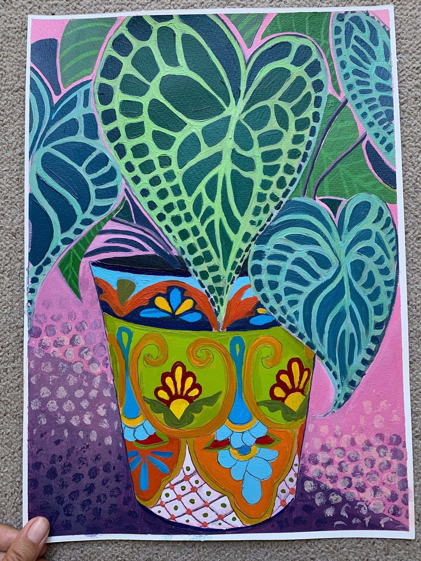 12x16 inch - ANTHURIUM PLANT in Mexican Pot - Original Oil Painting
