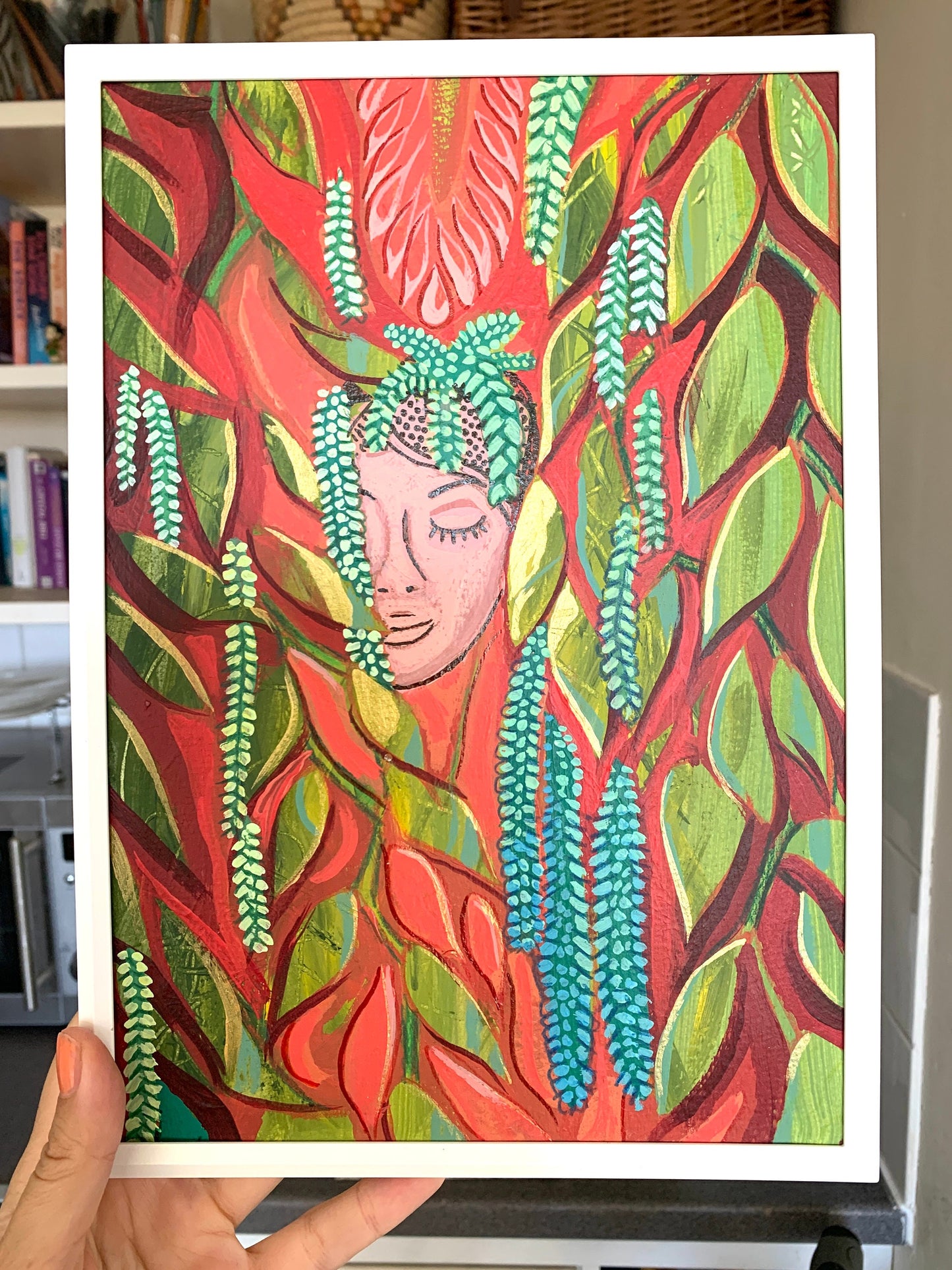 A4 size - MEXICAN BOTANICAL Garden Wallflower - face within leaves - Original acrylic painting