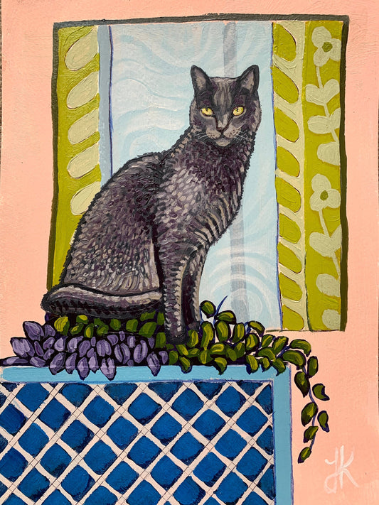 A4 size - Russian Blue Cat sitting in flower bed at window - Original Painting
