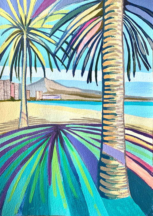 A4 size - Original acrylic painting - Malaga Beach Malagueta Andalucia