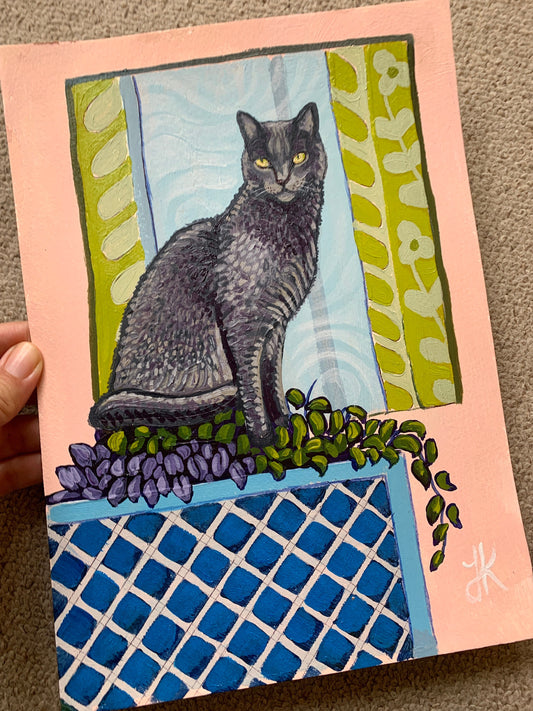 A4 size - Russian Blue Cat sitting in flower bed at window - Original Painting