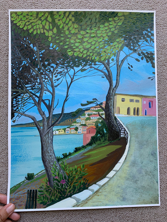 12x16 inch - KEFALONIA GREECE Fiskardo Pine Trees and fishing village - Original Oil over acrylic painting