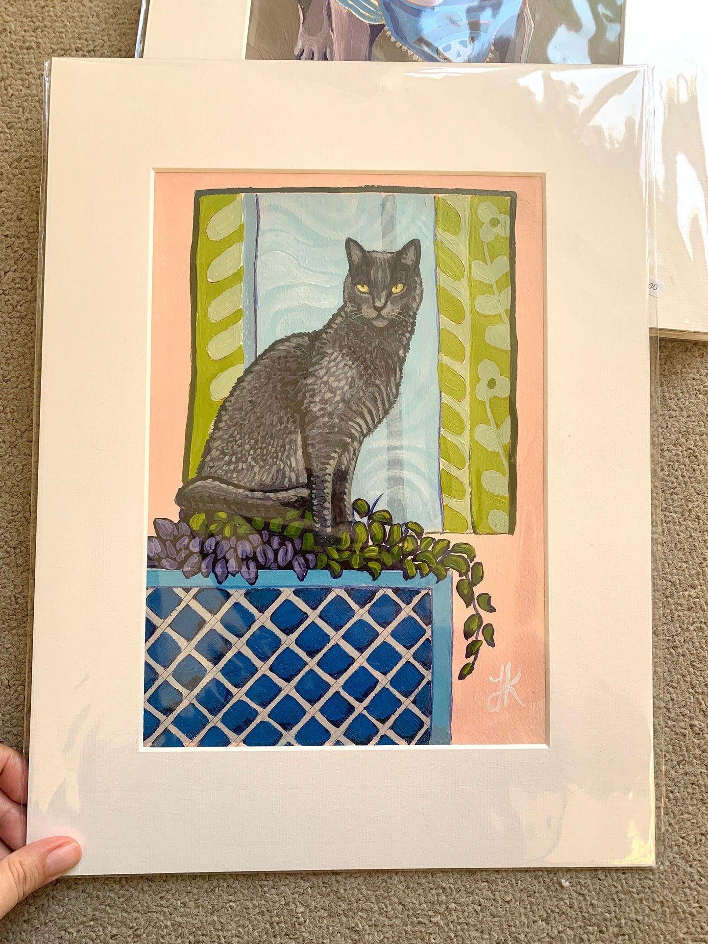 A4 size - Russian Blue Cat sitting in flower bed at window - Original Painting