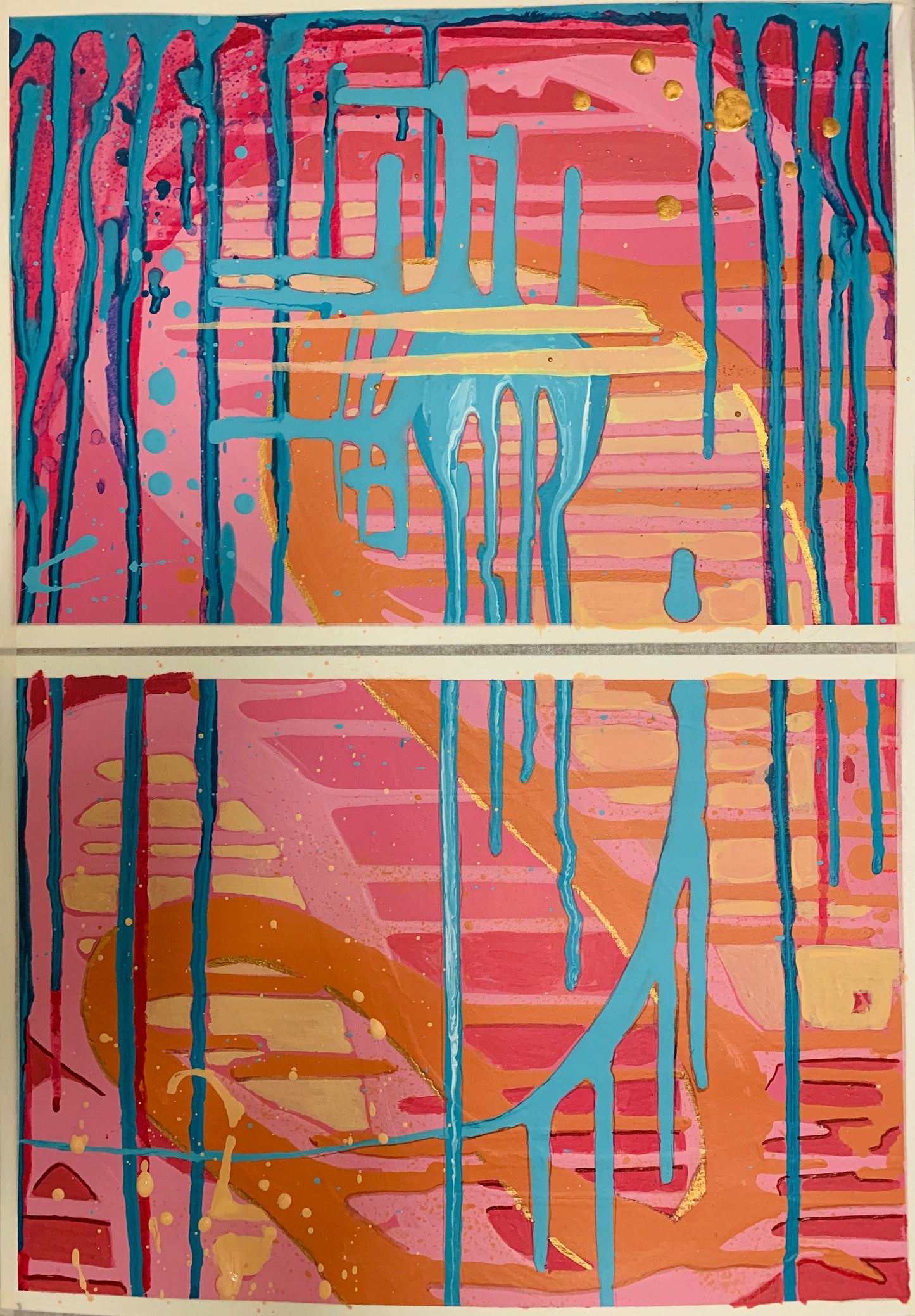 A4 size - Original Acrylic painting - Abstract Colourful Drips Diptych