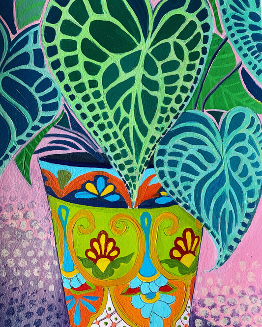 12x16 inch - ANTHURIUM PLANT in Mexican Pot - Original Oil Painting