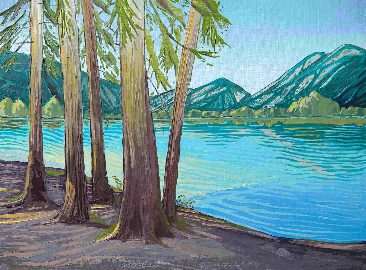 A3 size - SLOVENIA BOHINJ Lake and Pine Trees - Original Oil Painting
