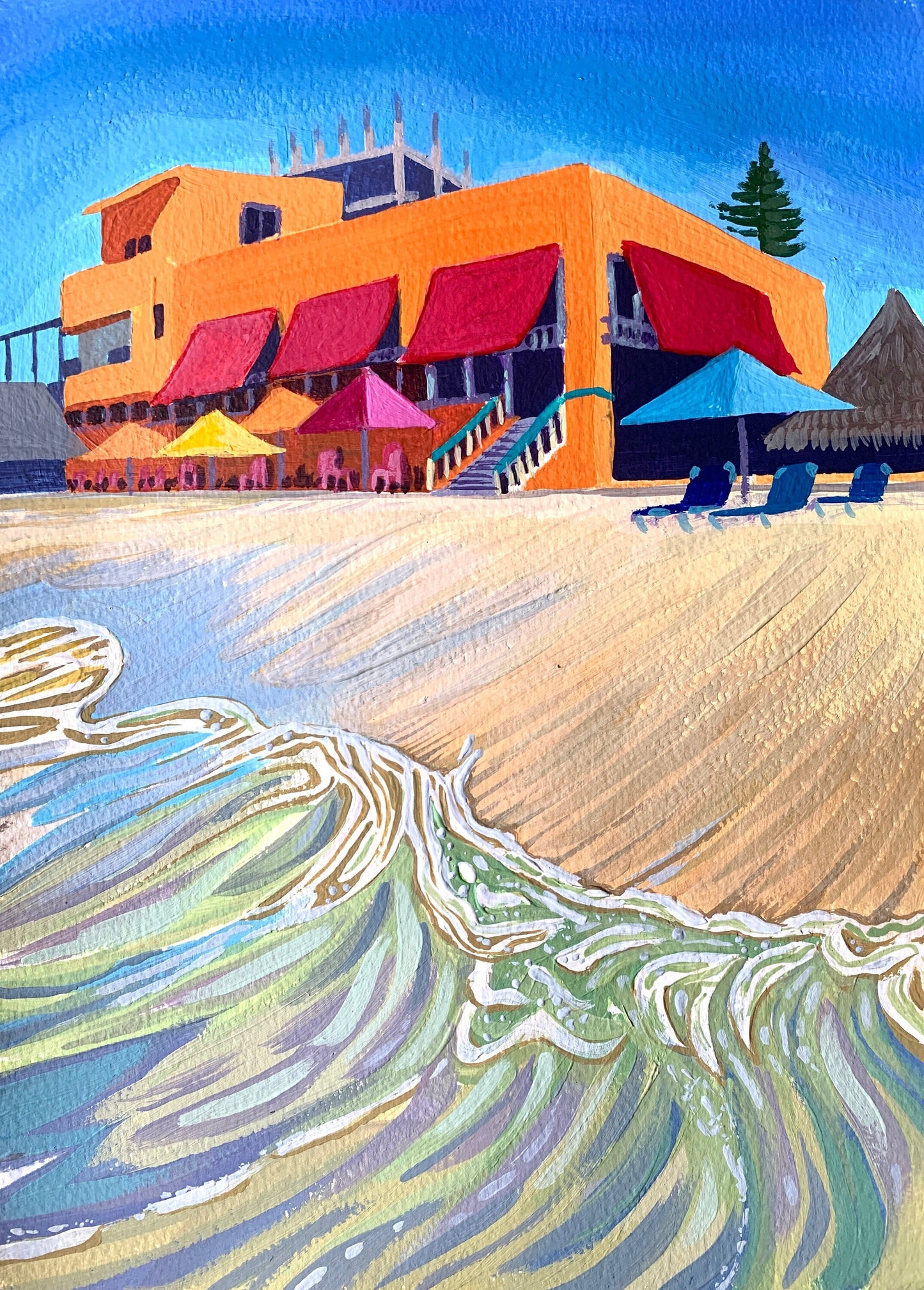 A4 size - MEXICO BUCERIAS - Orange beach cafe - Original Acrylic painting