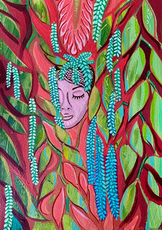 A4 size - MEXICAN BOTANICAL Garden Wallflower - face within leaves - Original acrylic painting