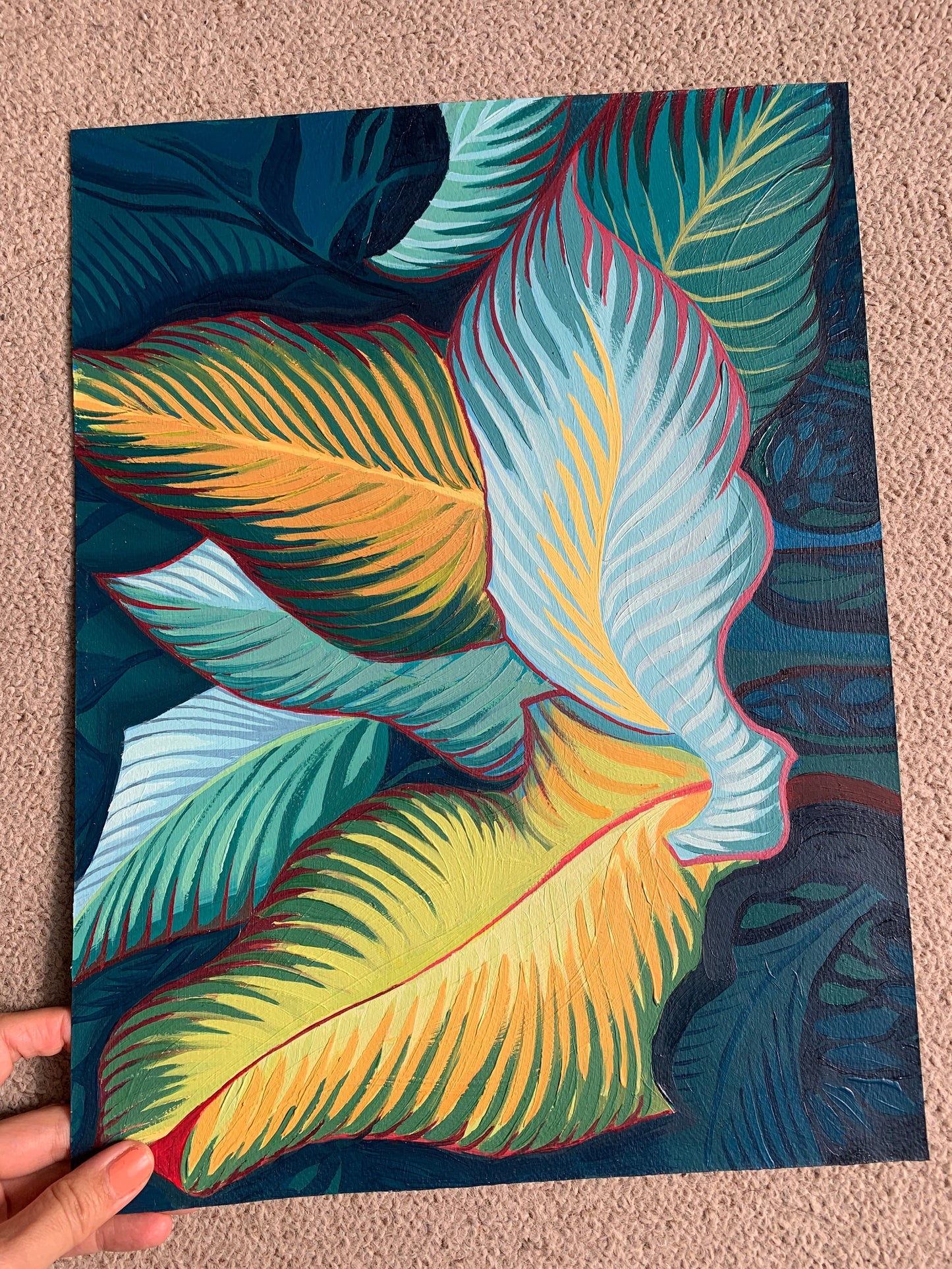 A3 size - Original oil painting - Tropical Exotic Blue Leaf