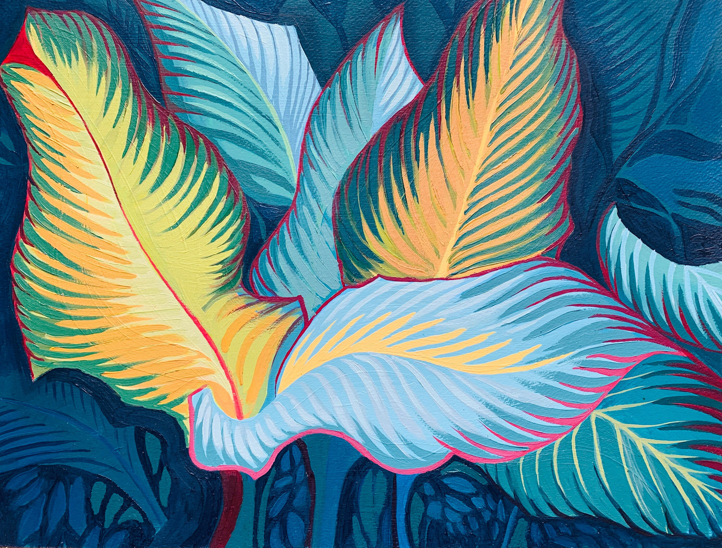 A3 size - Original oil painting - Tropical Exotic Blue Leaf