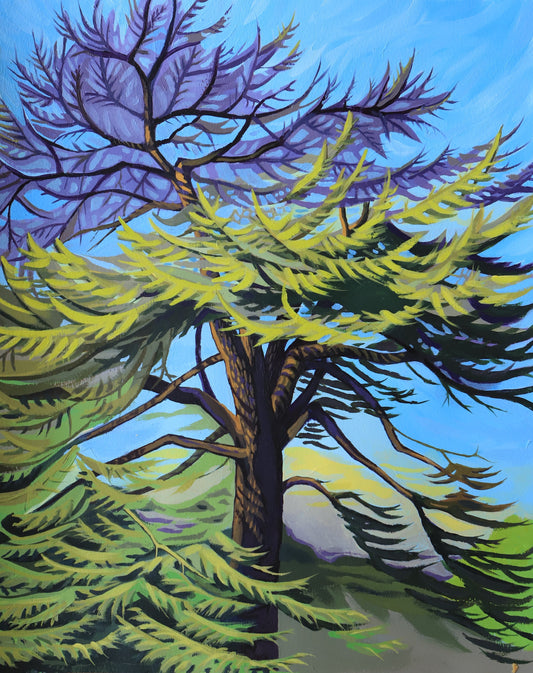 cedar tree painting in blue green and purple