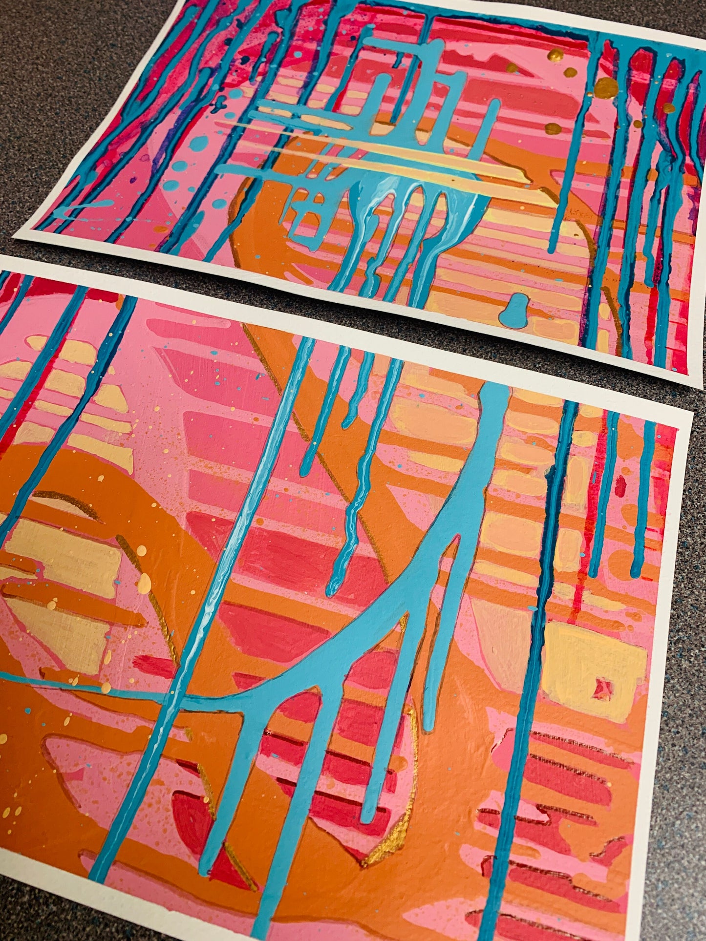 A4 size - Original Acrylic painting - Abstract Colourful Drips Diptych
