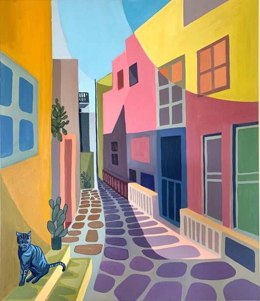 28 x 23 inch - MYKONOS GREECE Colourful Street and cat - Original Oil Painting