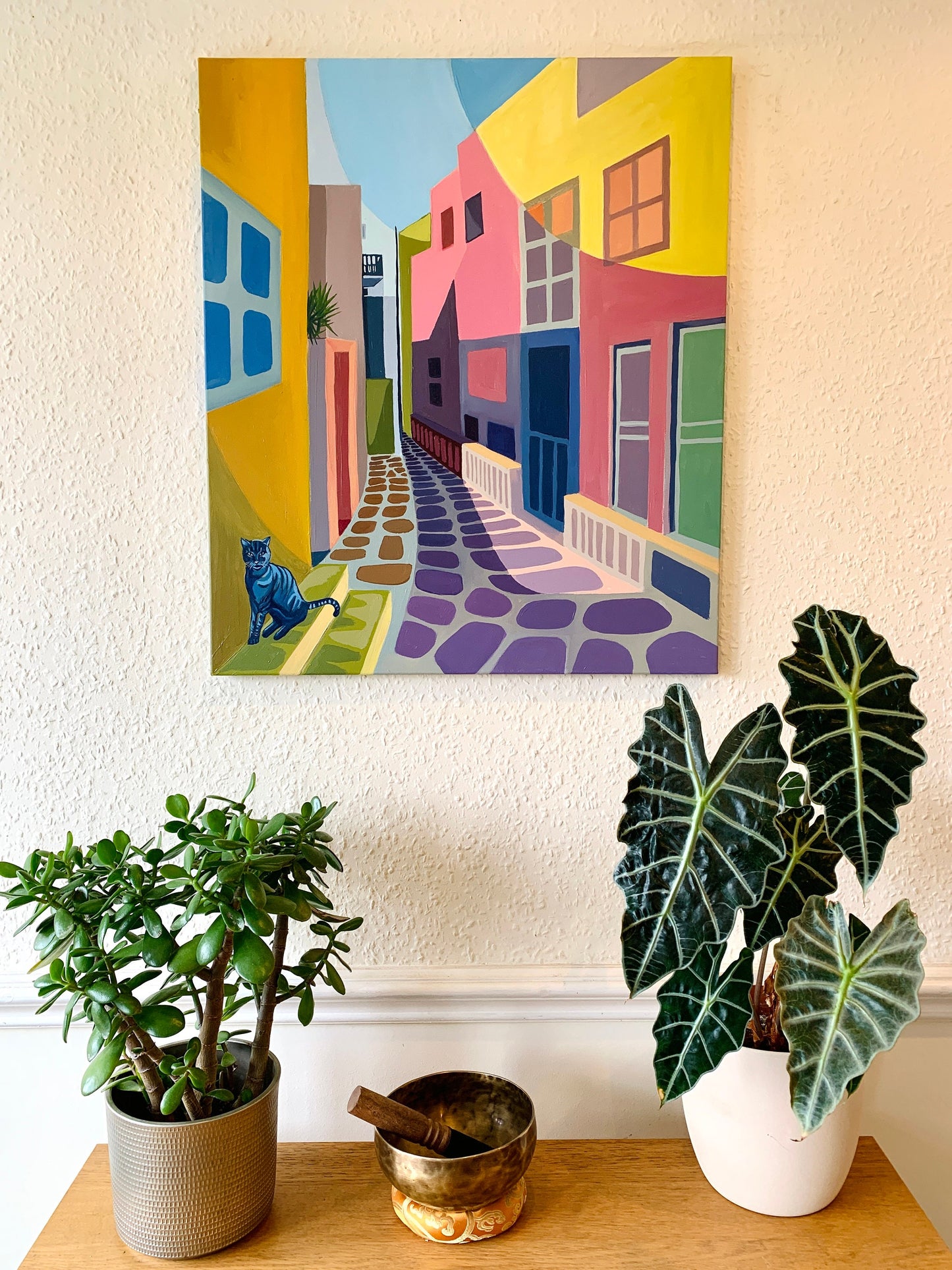 28 x 23 inch - MYKONOS GREECE Colourful Street and cat - Original Oil Painting