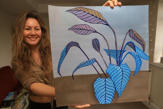 16x16 inch - Original Oil Painting - Calathea Plant in Blue and Brown