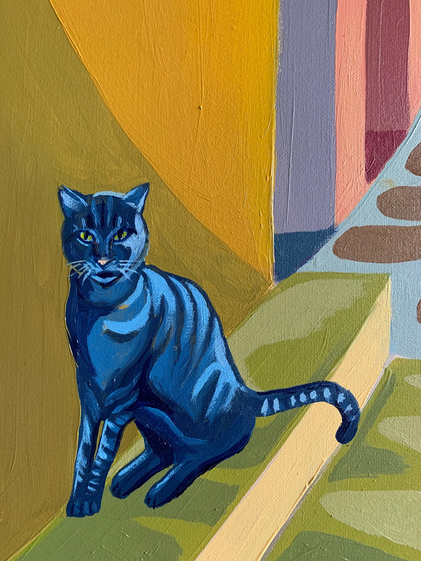 28 x 23 inch - MYKONOS GREECE Colourful Street and cat - Original Oil Painting