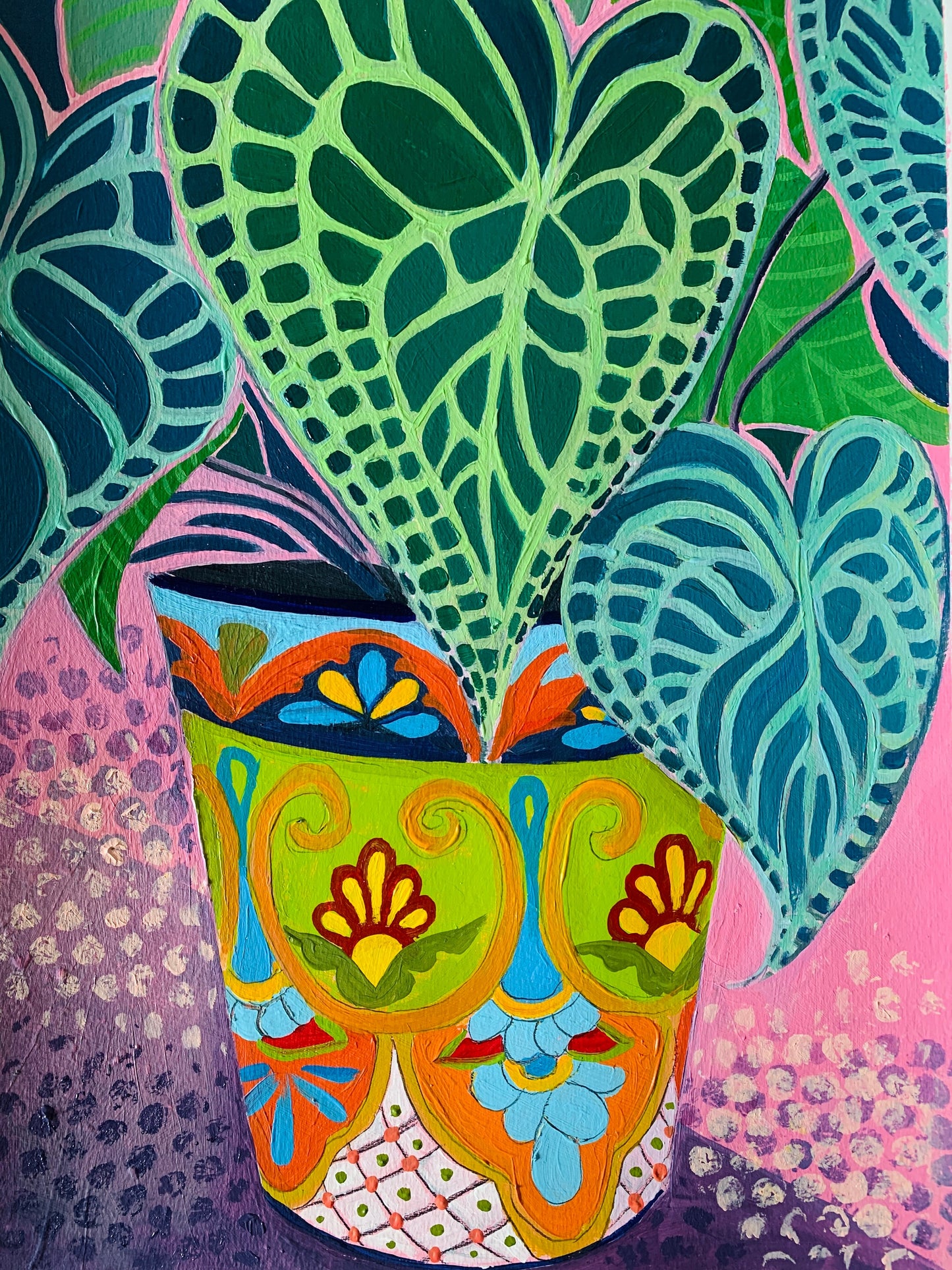 12x16 inch - ANTHURIUM PLANT in Mexican Pot - Original Oil Painting