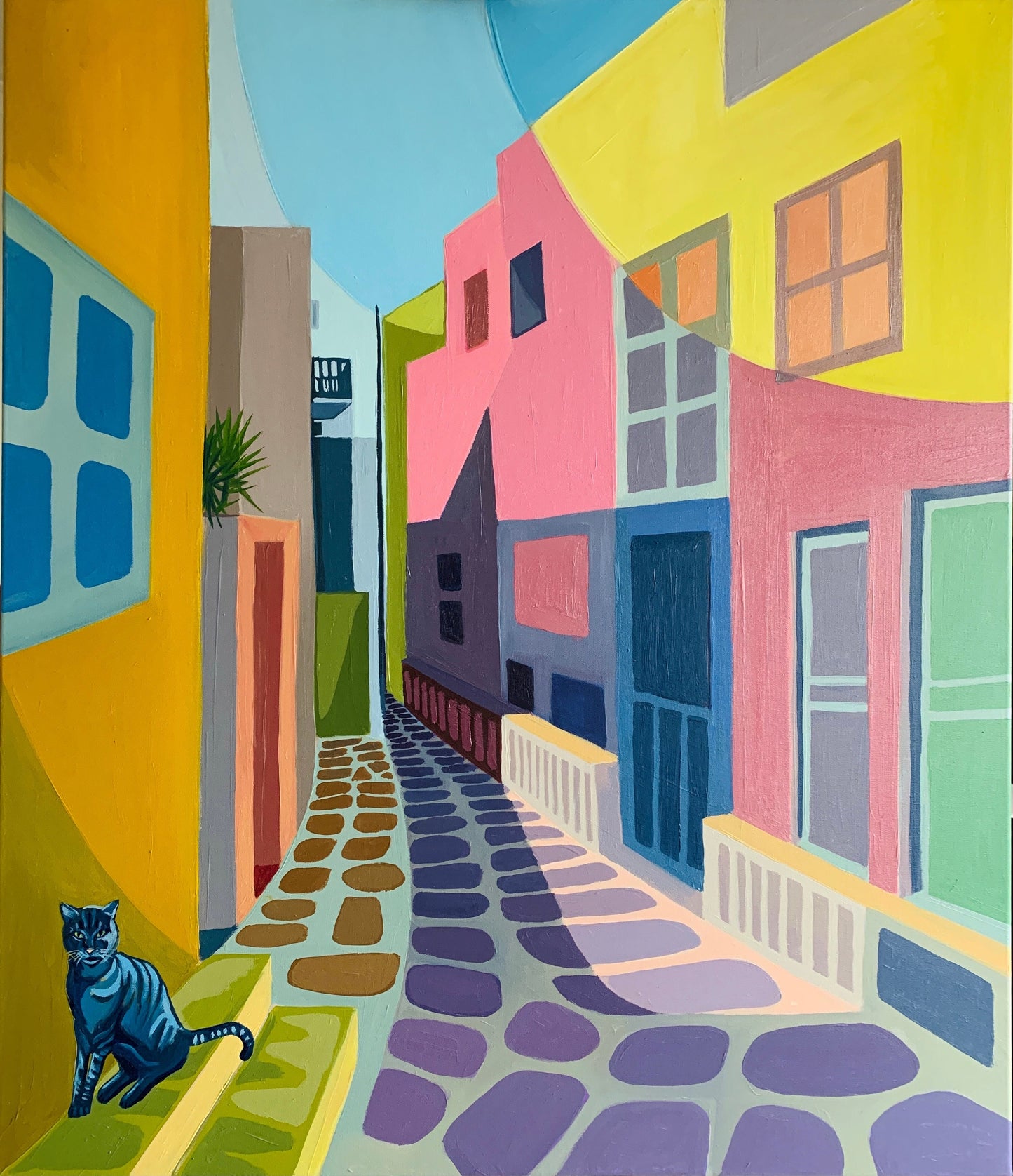 28 x 23 inch - MYKONOS GREECE Colourful Street and cat - Original Oil Painting