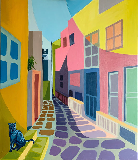 28 x 23 inch - MYKONOS GREECE Colourful Street and cat - Original Oil Painting