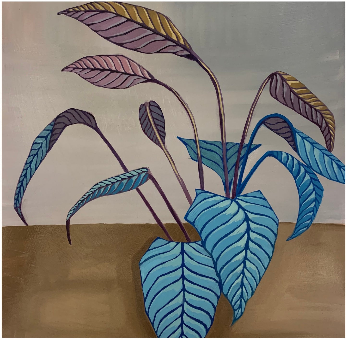 16x16 inch - Original Oil Painting - Calathea Plant in Blue and Brown