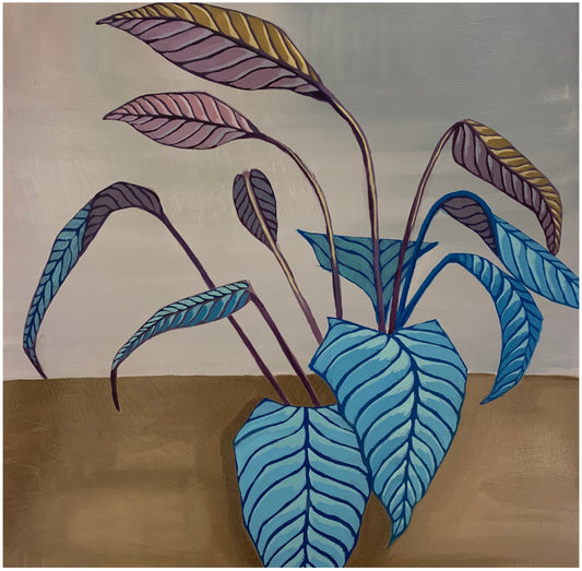 16x16 inch - Original Oil Painting - Calathea Plant in Blue and Brown